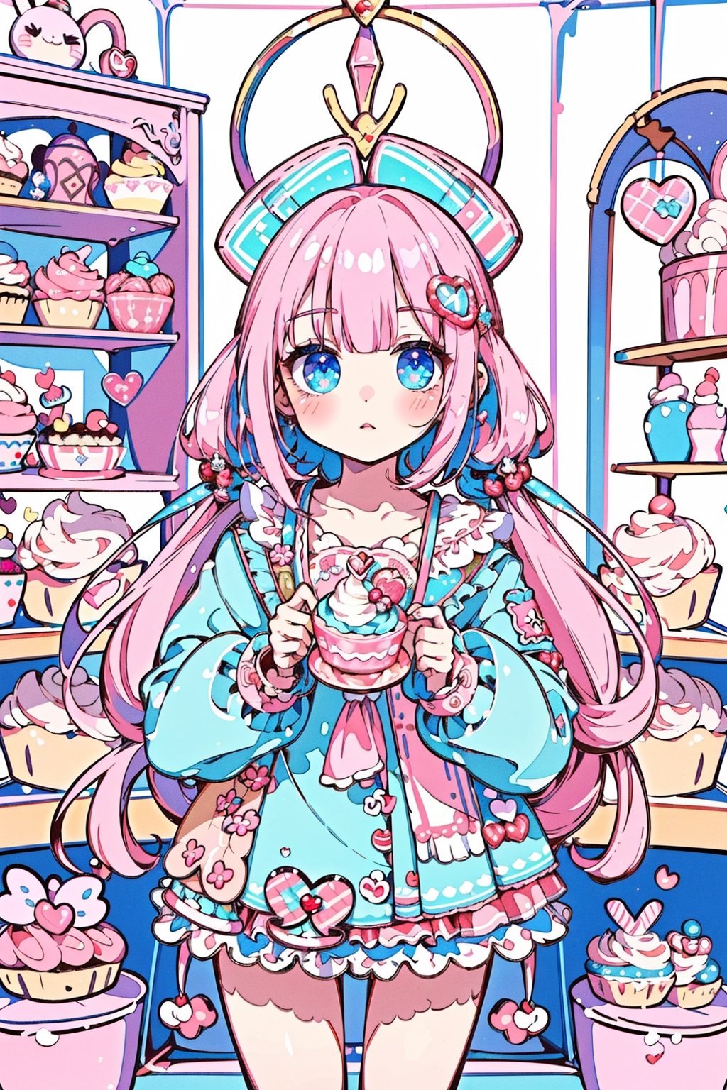 (masterpiece,  best quality,  highres:1.3), ultra resolution image,  (1girl),  (solo),  kawaii, pink hair, blue, (sweet charm:1.4),  pies,  fresh baked bread, macarons, wooden shelves with cupcakes, bakery, shop, scenery, soft, cozy, glitter,Kanna Kamui, 