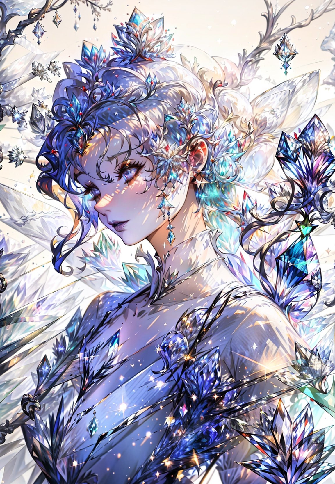 ((masterpiece)), illustrations,(solo:1.2),(original),(very detailed wallpaper),photographic reality, very detailed illustrations, (super-complex detail),(delicate face),perfect detail features,perfect detail,(super complex details),full body,1girl,mid shot,((crystal queen:1.5),(ethereal:1.2),(fire:1.1),(glowing:1.2)), female, (mid shot:1.2), (mysterious:1.2), (enchanted:1.3), (otherworldly:1.1), (dazzling:1.1), (mesmerizing:1.2), (radiant:1.2), (crystalline:1.3), (diamonds:1.2), (crystal dress:1.2), (flowing hair:1.1), (glittering:1.1), (frozen flowers:1.2), (crystal scepter:1.2), (sparkling eyes:1.1), (magic:1.2), (glacier:1.1), (crystal palace:1.3), (frosty trees), (shimmering lake:1.2), (dazzling aurora:1.3), (snowflakes:1.2), (frosty mist:1.1), masterpiece, best quality, lens flare, depth of field, motion blur, (backlighting, Backlight:1.1), grating,raster,(Light through hair:1.2),from side,
