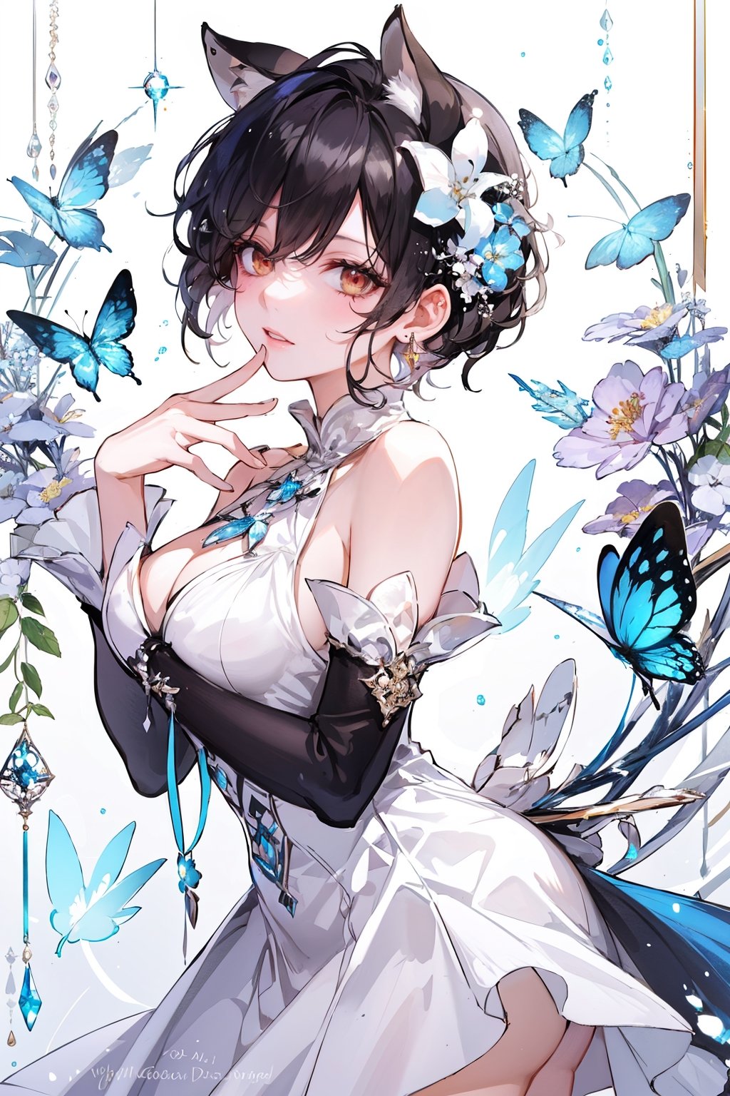 1girl, solo, breasts, looking at viewer, short hair, bangs, black hair, hair ornament, thighhighs, dress, animal ears, bare shoulders, jewelry, tail, flower, earrings, parted lips, detached sleeves, hair flower, lips, blue dress, watermark, bug, butterfly, finger to mouth, blue thighhighs, blue butterfly