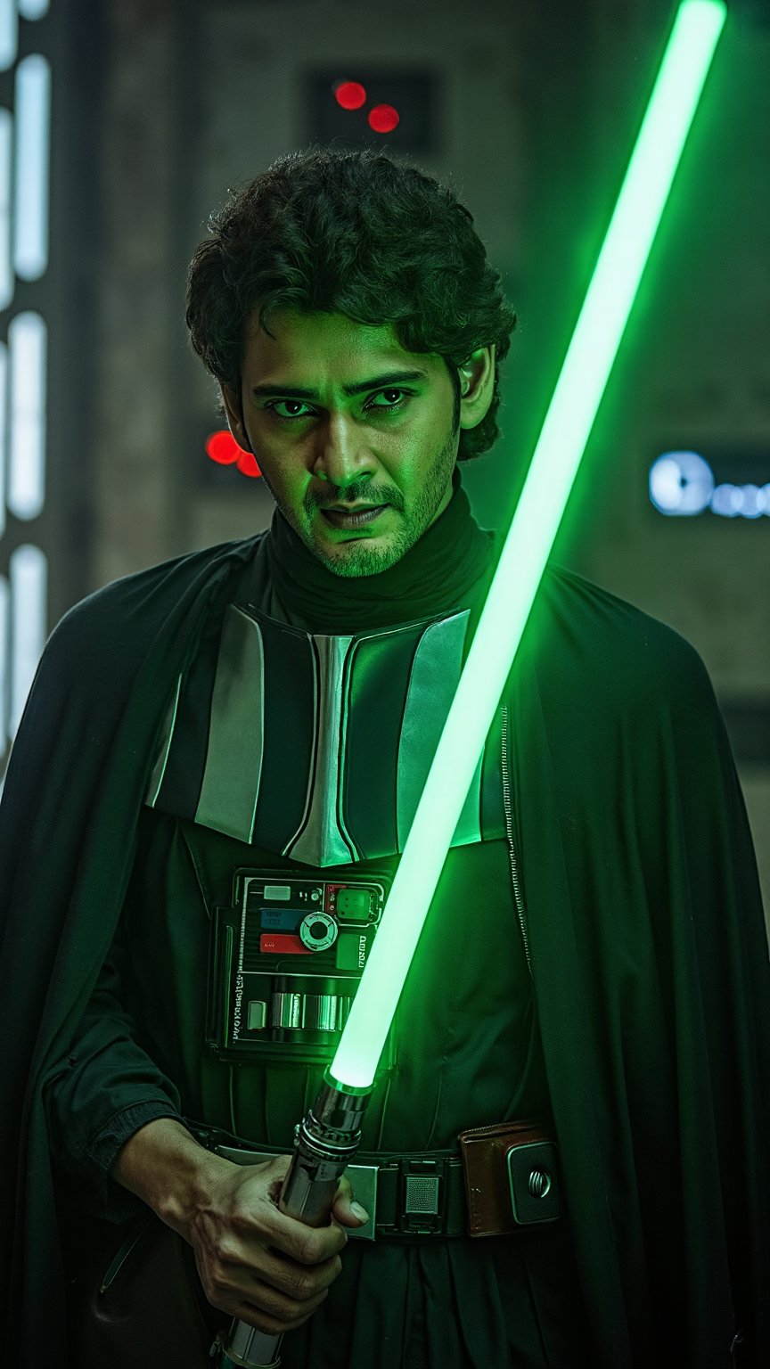 a photo of a 32 year old maheshbabu in a Star wars costume, holding a green light saber, cinematic lighting, headshot, DSLR quality