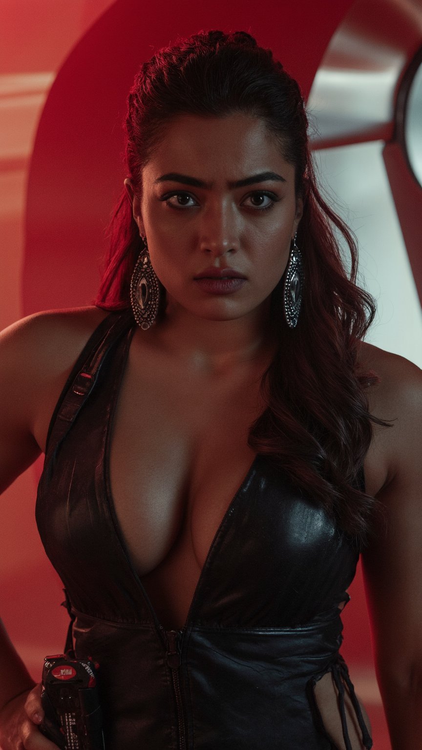 a photo of a sexy curvy rashmika as black widow from marvel, black widow costume, accessories, sexy curvy body, angry, cinematic lighting, headshot, large earrings, DSLR quality,VNS_Add more details,Detailed skin