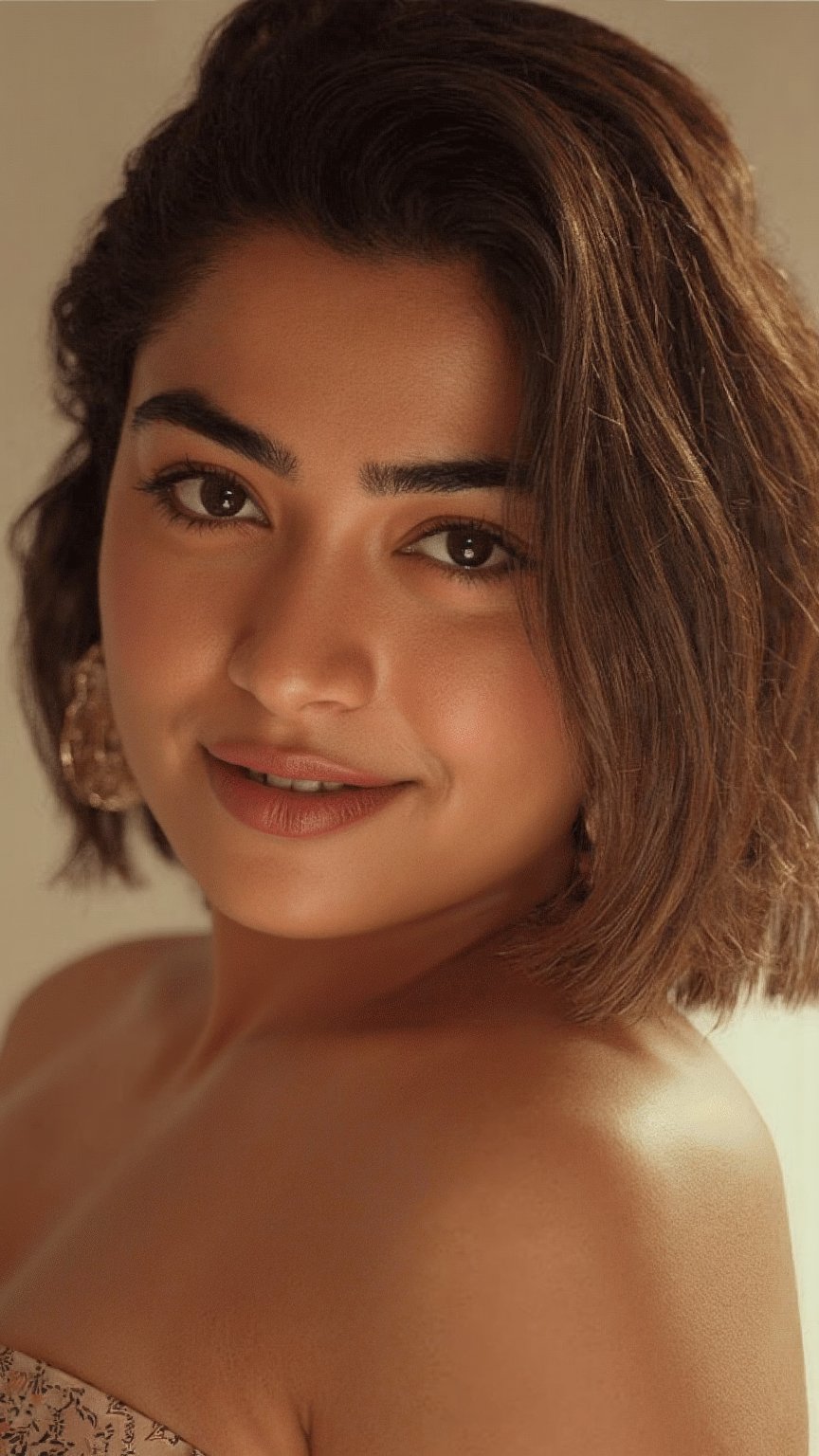 a photo of a sexy curvy rashmika in a tight sundress, accessories, sexy curvy body, smiling, cinematic lighting, headshot, large earrings, DSLR quality,VNS_Add more details,Detailed skin