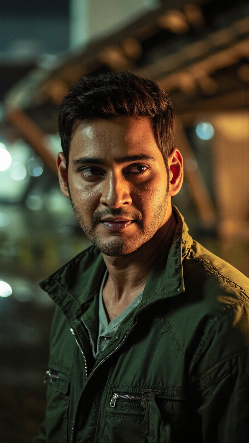 a photo of a 32 year old maheshbabu in an adventure costume, green jacket, cinematic lighting, headshot, DSLR quality