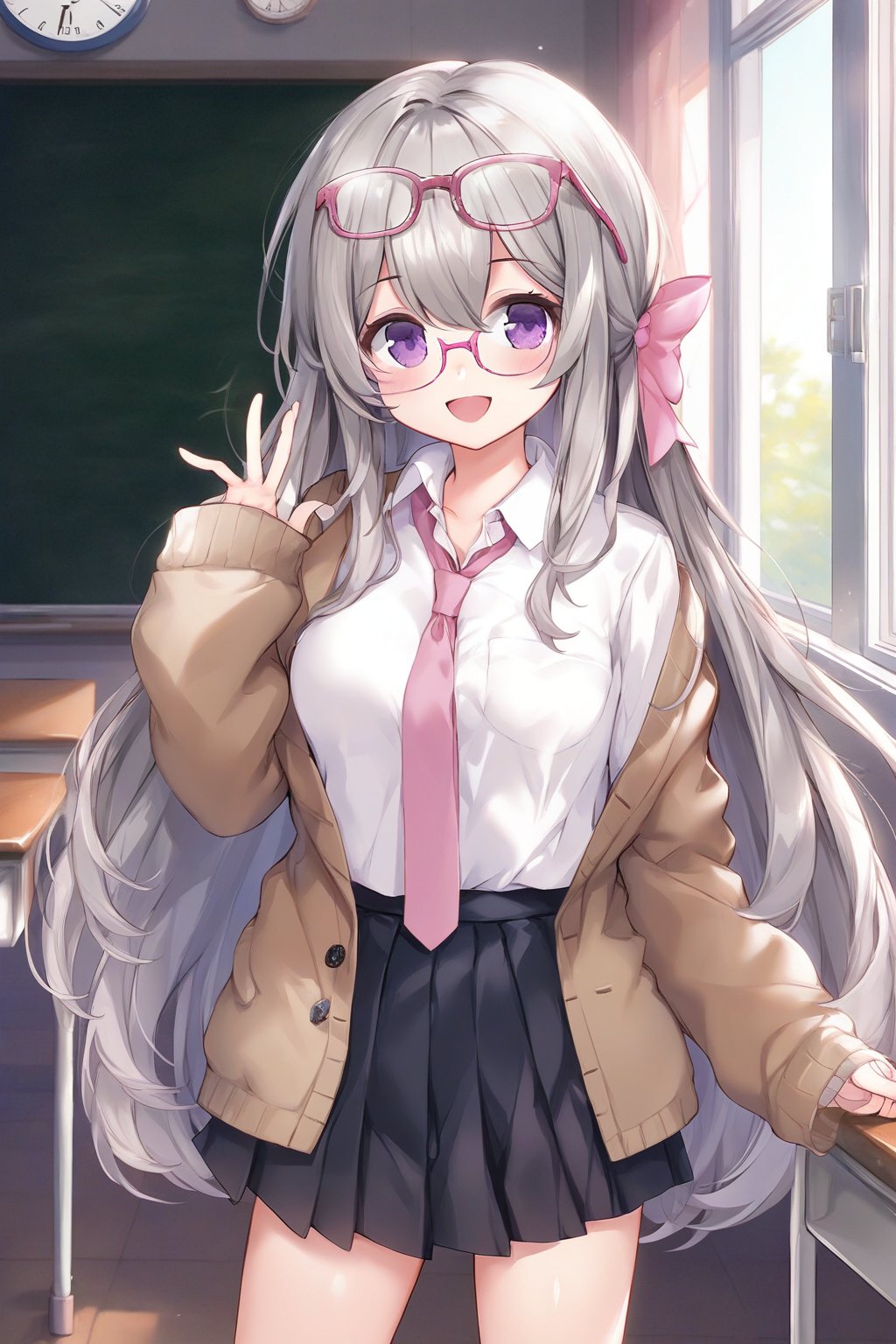 1girl, solo, long hair, breasts, looking at viewer, blush, smile, open mouth, bangs, skirt, shirt, long sleeves, bow, hair between eyes, medium breasts, very long hair, school uniform, standing, purple eyes, white shirt, :d, hair bow, grey hair, heart, pleated skirt, necktie, glasses, collared shirt, indoors, hand up, black skirt, sleeves past wrists, window, dress shirt, animal, cardigan, pink bow, semi-rimless eyewear, desk, under-rim eyewear, clock, on head, classroom, school desk, brown cardigan, pink necktie, pink-framed eyewear, wall clock