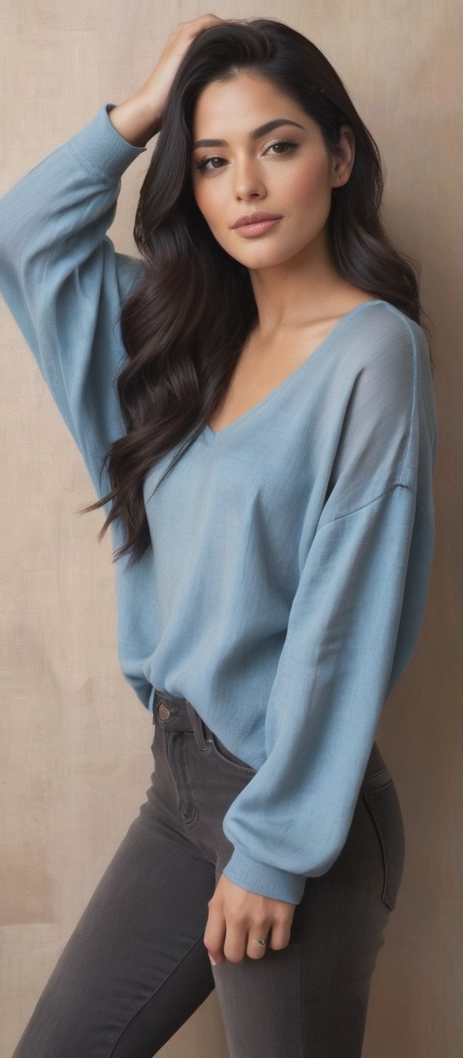 Generate hyper realistic image of a attractive face woman, her hourglass silhouette emphasized by the soft draping of an jeans top r. With her long black hair cascading down her back, she gazes directly at the viewer with a captivating smile, her lips parting slightly in a subtle expression of warmth. The sleeves of her sweater extend past her wrists, adding an elegant touch to her appearance and accentuating her graceful demeanor.