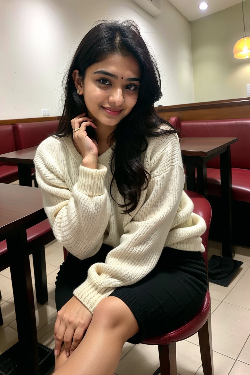 beautiful cute young attractive indian teenage girl, City girl, 18 years old, cute, Instagram model, long black_hair, colorful hair, warm, dacing, in restaurant chair, indian, mimiskirt white colour+ Sweater green colour + Sneakers pink colour cloth,tamannah bhatia