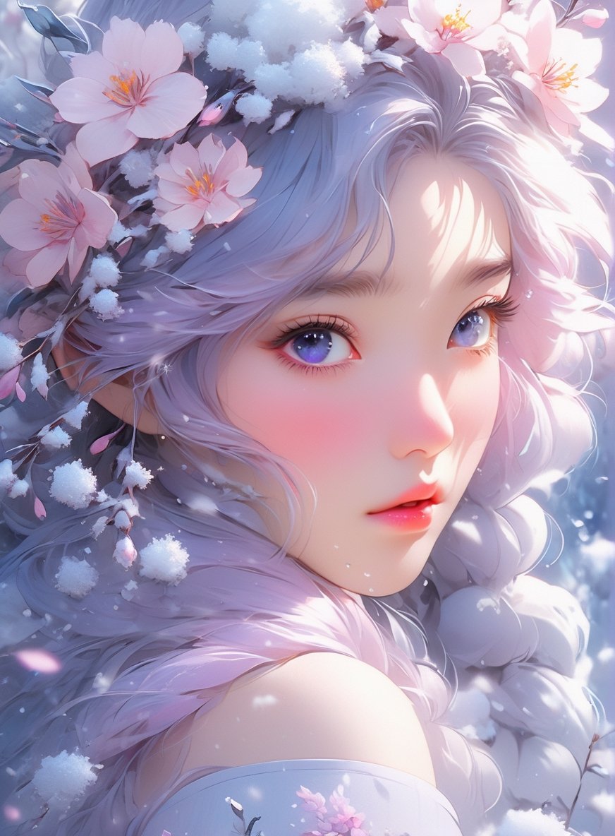 a close up potrait of an asian woman with pink lavendar hair rosy cheeks white skin purpule eyes surrounded by frozen flowers in an ice covered garden, stunning anime face portrait, cgsociety 9, beautiful anime portrait, detailed portrait of anime girl, 🌺 cgsociety, gorgeous digital art, girl in flowers, blue flowers, wlop painting style, with frozen flowers around her, stunning cgsociety, portrait anime girl, art of wlop, beautiful anime style, detailed hair, tiara