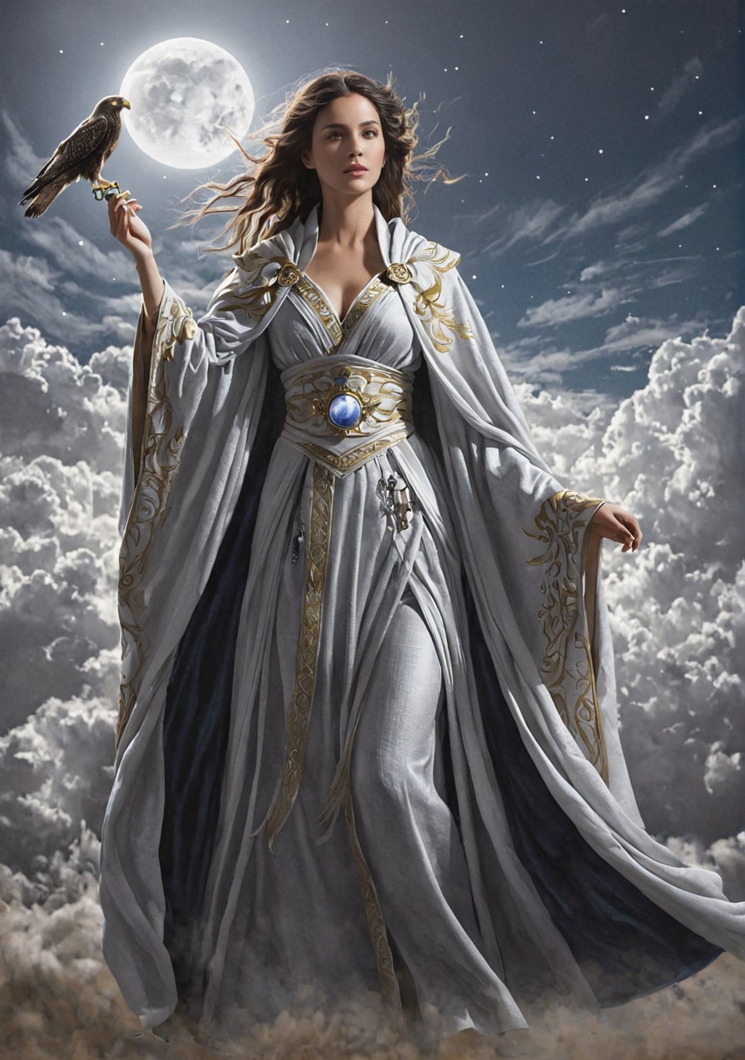 ultra realistic, photorealistic, HDR, 4k, 8k, 16k, high quality texture, A full body photograph with realistic style portrays, Extremely beautiful , well done,a woman of extraordinary beauty, wrapped in clothes that symbolize the clouds of the sky. She has a calm and majestic presence, reflecting her position as the goddess of domestic and maternal wisdom. Her hair and eyes are depicted in various ways, but always in such a way as to emphasize her elegance and divine nature,She often wears a hawk's cloak, which allows her to fly across the skies, and majestic cloaks that represent her sovereignty over heaven and earth. Her clothing can range from the simplest linen robes to elaborate embroidered skirts, always delineating her nobility and role as queen of the Aesir, with fine and distinctive jewels, often adorned with symbols of the moon and stars, reflecting its connection to the sky. He can carry a key, symbolizing his role as guardian of the house and hearth, or a spindle, which represents destiny and life, in ultra-realistic detail.Ultra detailed, The composition imitates a cinematic movie, The intricate details, sharp focus, perfect body proportion, full body seen from afar 