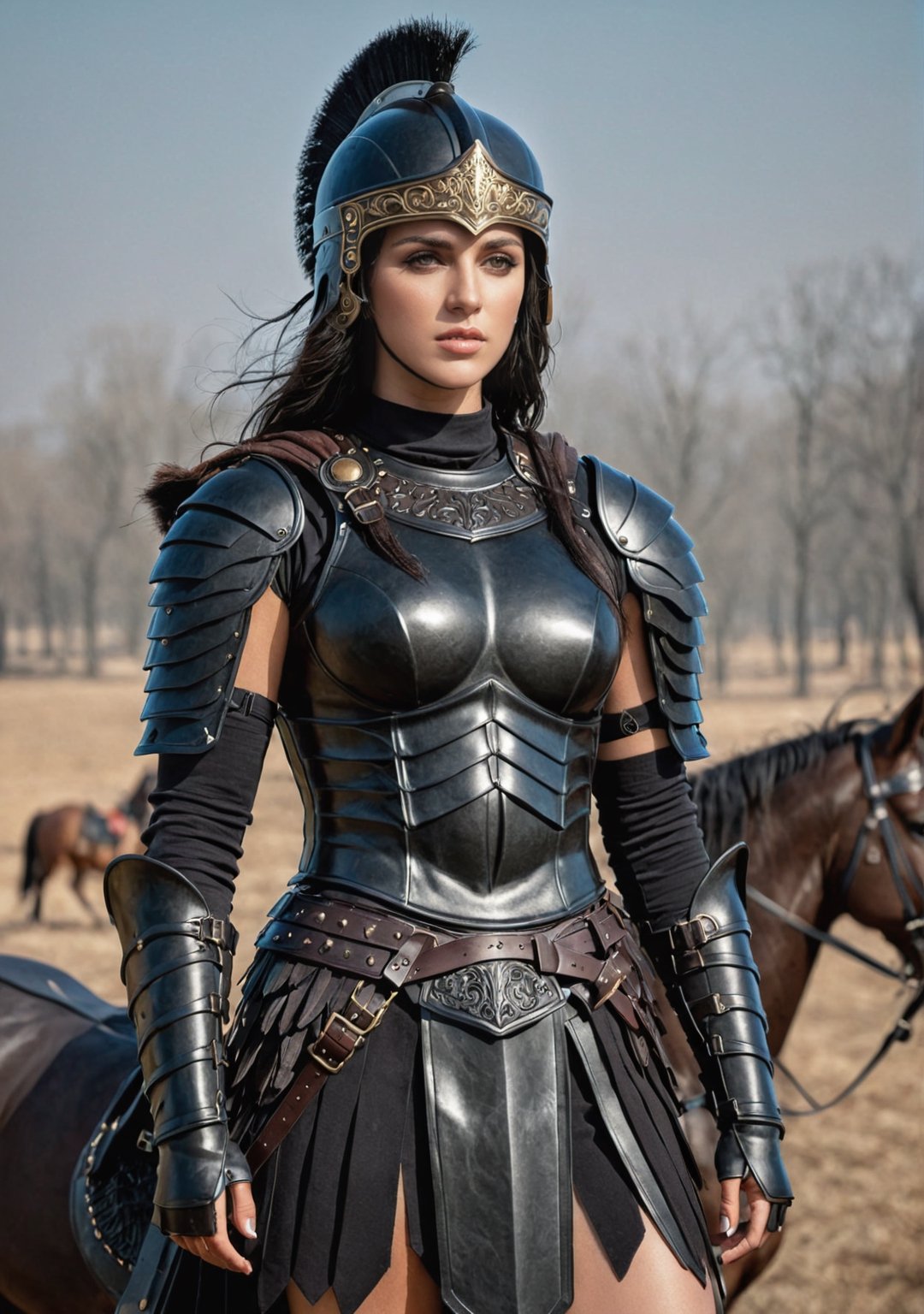 ultra realistic, photorealistic, HDR, 4k, 8k, 16k, high quality texture, A full body photograph with realistic style portrays, Extremely beautiful Carthaginian woman, perfect muscular athletic body, well done, in ultra-realistic detail.Ultra detailed winter Roman style full black leather armor with black Roman helmet of black leather with horse hair, black leather greaves, The composition imitates a cinematic movie, The intricate details, sharp focus, perfect body proportion, seen from afar 