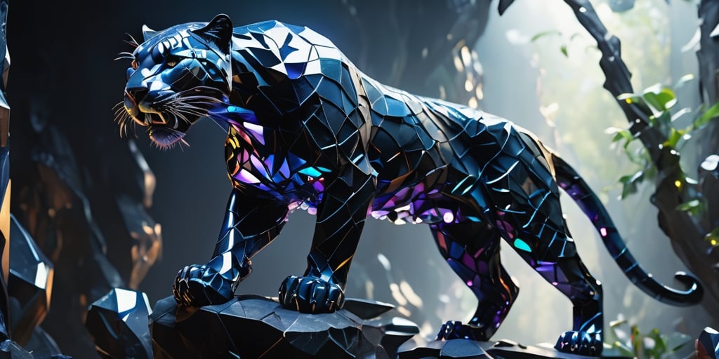 photorealistic, natural light, ultra HDR, 4k, 8k, 16k, high quality texture, A full body photograph with realistic style portrays, Extremely beautiful , well done, a detailed image of (a Fantasy large Cristal panther) made of pieces of broken Cristal, which can be glimpsed in the darkness, like a nightmare made of dark oily crystals ,intent on leaping with a wide-legged, jaws-open attack towards observation , its jaws gleaming and claws quivering
ultra-realistic detail, Ultra detailed, The composition imitates a cinematic movie, The intricate details, sharp focus, perfect body proportion, full body seen from afar, realistic shade, soft lights