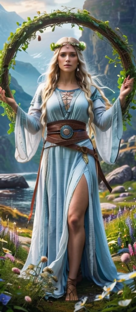 ultra realistic, photorealistic, ultra sharpness, sharp focus, ultra HDR, 4k, 8k, 16k, magic, mysticism, divine aura, high quality texture, A full body photograph with realistic style portrays, Extremely beautiful , well done, a divine healer Norse woman with long hair gathered in a circle of medicinal flowers, a calm and reassuring look, a lean and well-proportioned body, she wears a long tunic tied at the waist by a belt with various pouches with Norse symbols, the figure avoided in an mystical and magical aura of serenity and trust, ultra-realistic detail, Ultra detailed, The composition imitates a cinematic movie, The intricate details, sharp focus, perfect body proportion, full body seen from afar, a mystical ancestral and magical land background, ultra realistic, iper realistic image,