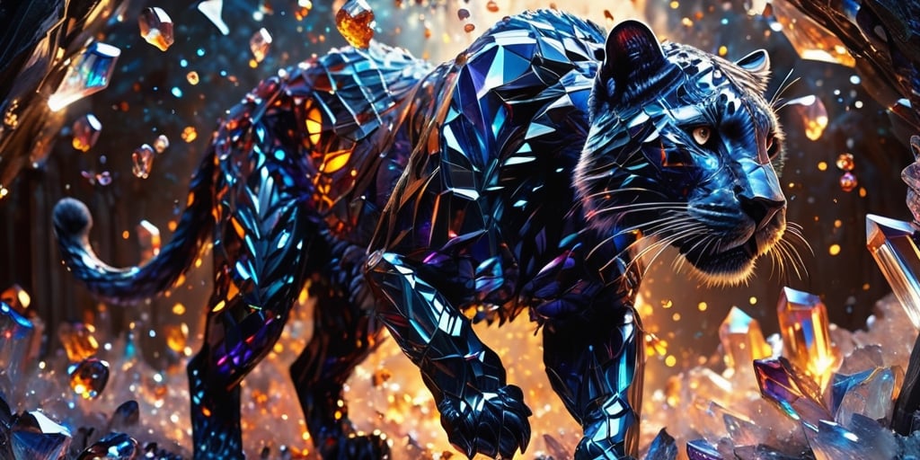 photorealistic, natural light, ultra HDR, 4k, 8k, 16k, high quality texture, A full body photograph with realistic style portrays, Extremely beautiful , well done, a detailed image of (a Fantasy large Cristal panther) made of pieces of broken Cristal, which can be glimpsed in the darkness, like a nightmare made of dark oily crystals ,intent on leaping with a wide-legged, jaws-open attack towards observation , its jaws gleaming and claws quivering
ultra-realistic detail, Ultra detailed, The composition imitates a cinematic movie, The intricate details, sharp focus, perfect body proportion, full body seen from afar, realistic shade, soft lights