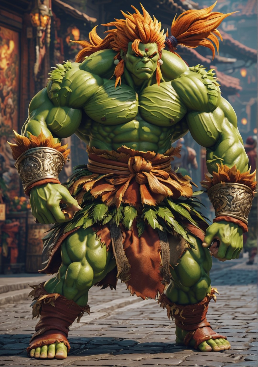 ultra realistic, photorealistic, HDR, 4k, 8k, 16k, high quality texture, A full body photograph with realistic style portrays, blanka street fighter , perfect body, well done, in ultra-realistic detail. The composition imitates a cinematic movie, The intricate details, sharp focus, 10th century detailed clothing, perfect body proportion, 