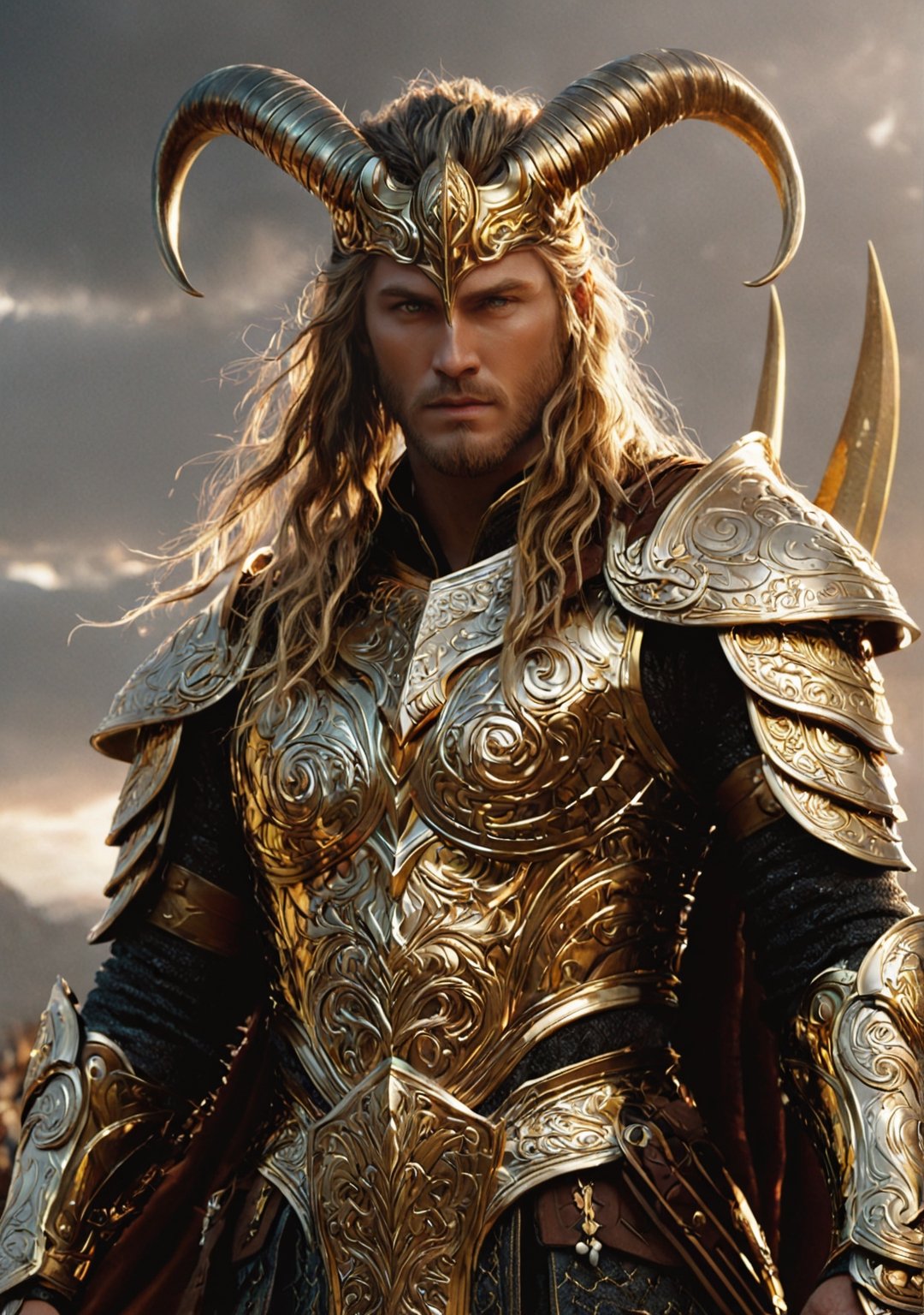 ultra realistic, photorealistic, HDR, 4k, 8k, 16k, high quality texture, A full body photograph with realistic style portrays, Extremely beautiful , well done, a towering and majestic warrior, physically attractive, with glowing skin and piercing eyes that are said to see across hundreds of miles of distance, night as well as day. His hair is generally represented as golden, perhaps symbolizing the light that characterizes his divine essence. He wears shining armor that reflects his nature as the eternal guardian of Asgard and the nine realms, armed with the Gjallarhorn, a powerful horn of shining ivory inlaid and decorated with intricate gold runic carvings that will sound to signal the beginning of Ragnarök, the end-of-the-world battle. He wears resplendent armor that symbolizes both his role as protector of the skies and his invincibility in battle in ultra-realistic detail.Ultra detailed, The composition imitates a cinematic movie, The intricate details, sharp focus, perfect body proportion, full body seen from afar 