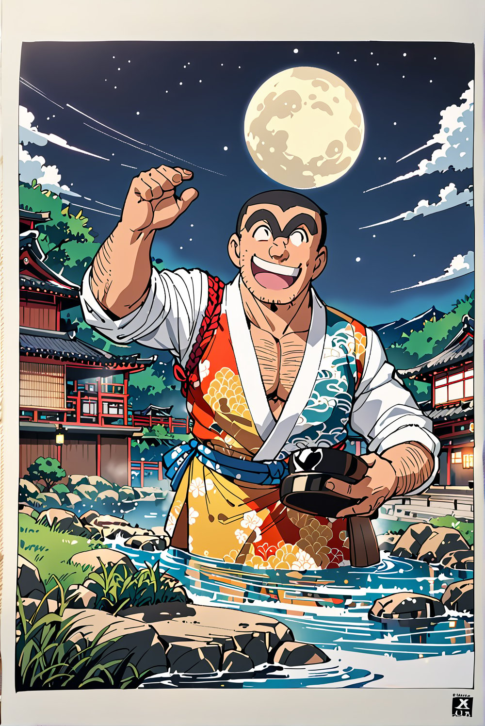 1boy, Ryōtsu Kankichi (Kochikame), solo, 
unibrow, thick Eyebrow, black hair,
black eyes,
hand_hair,stubble,
short body, wide body, broad shoulders, 
short,clog,


japanese_clothes,hanten_(clothes),
roll up sleeves,
scenery,night, moon,

smile, unibrow, short,

Masterpiece, 4K, ultra detailed, anime style, 
more detail XL, SFW, 
depth of field,
Ink art,Giboshi Matoi(Kochikame),Ryōtsu Kankichi(Kameari)