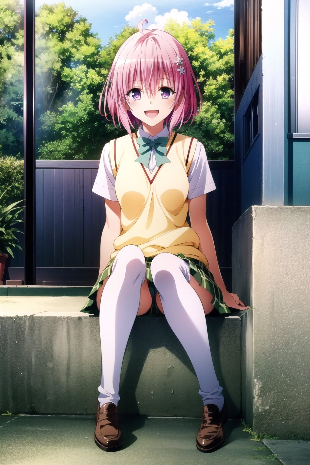 1girl, momo velia deviluke, solo, 

animal_tail, thighhighs, 

pink hair, , ahoge,

school_girl, skirt,  school, 

at school, 

smile, open mouth, red hair, sweater vest, 

smile, hair ornament, white socks, pleated skir, pink underwear,

, full body, :d, loaferst, shoes, single braid, plaid skirt, looking at viewer,momo belia deviluke