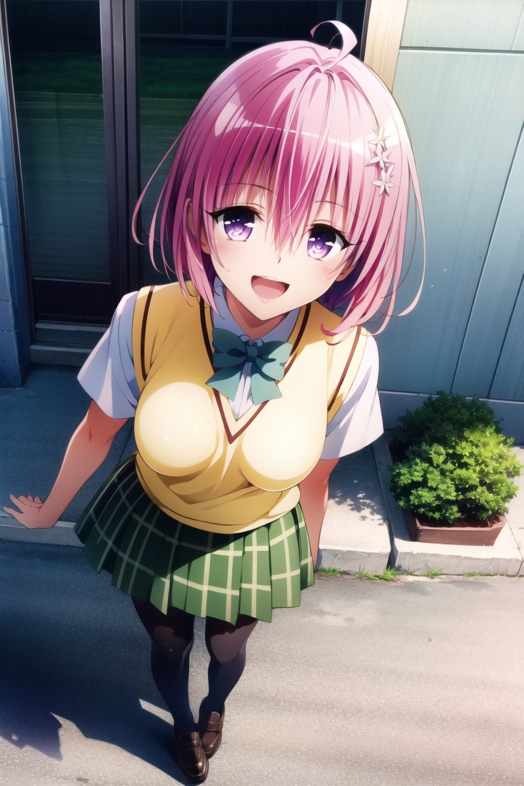 1girl, momo velia deviluke, solo, 

animal_tail, thighhighs, 

pink hair, , ahoge,

school_girl, skirt,  school, 

at school, 

smile, open mouth, red hair, sweater vest, 

smile, hair ornament, white socks, pleated skir, pink underwear,

stadning,shushing


, full body, :d, loaferst, shoes, single braid, plaid skirt, looking at viewer,momo belia deviluke