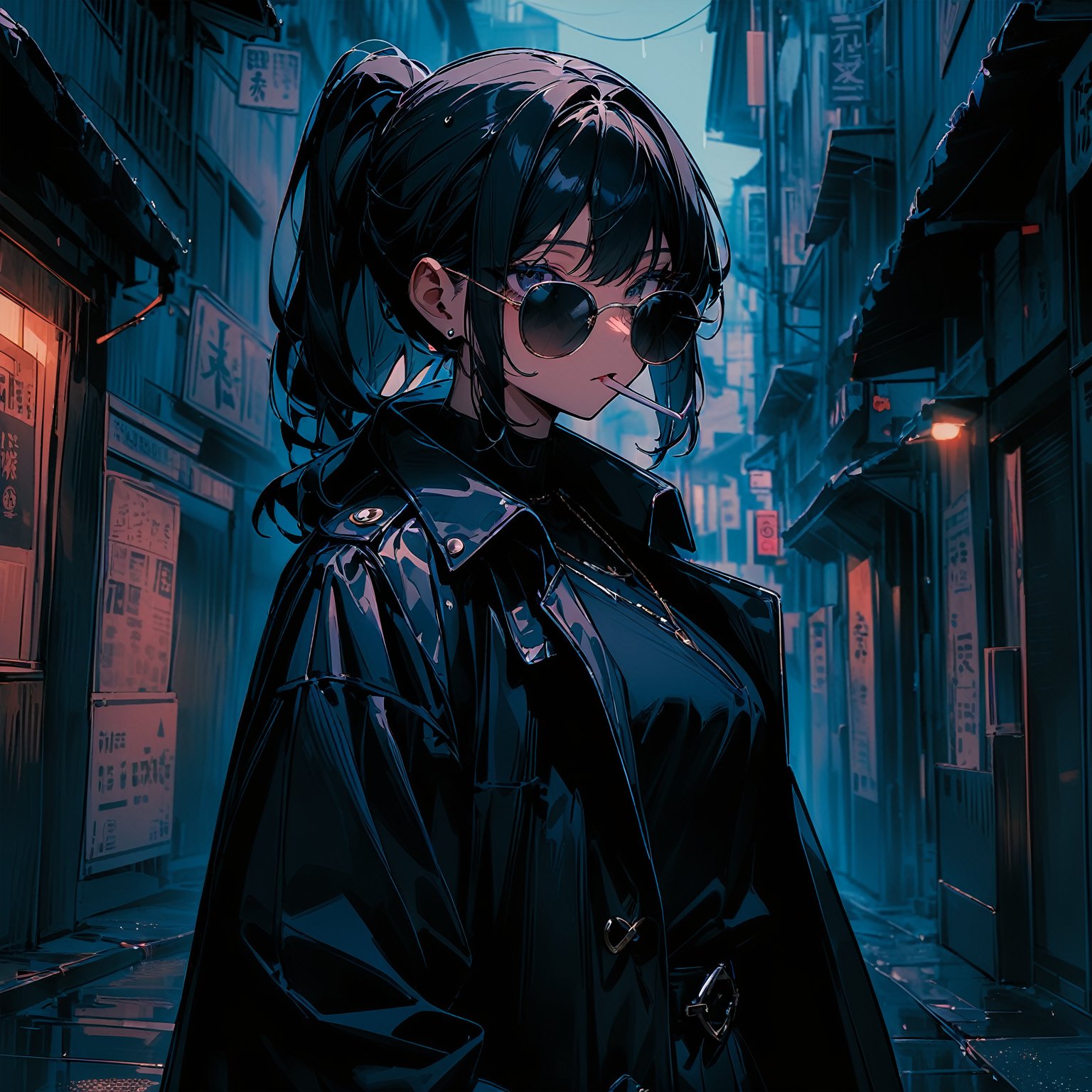 high_res,masterpiece,very aethetic,newest,masterpiece, absurdres,illustration,best_quality,portrait,vivid_colour,1girl,(black_hair,black eyes,ponytail,sunglasses,matured girl ),(black coat,coat on shoulder, black shirt,black chino pants, triad, ),(gazing viewer, smoking, slightly lowed sunglasses,),(city,backstreet,rainy)