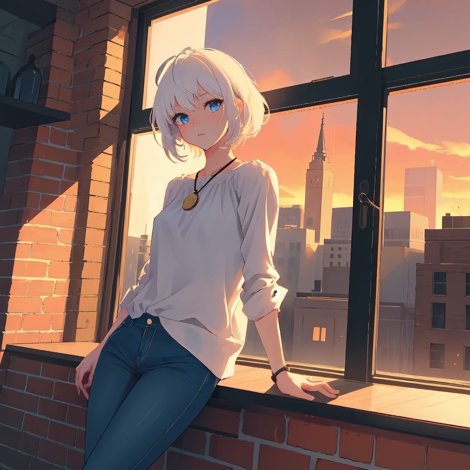 masterpiece,highres,1 girl,white hair,blue eyes,short hair,shaggy cut,white blouse,locket,faded jeans,looking viewer,brick wall,leaning on wall,indoor,window,twilight,city,orange sky