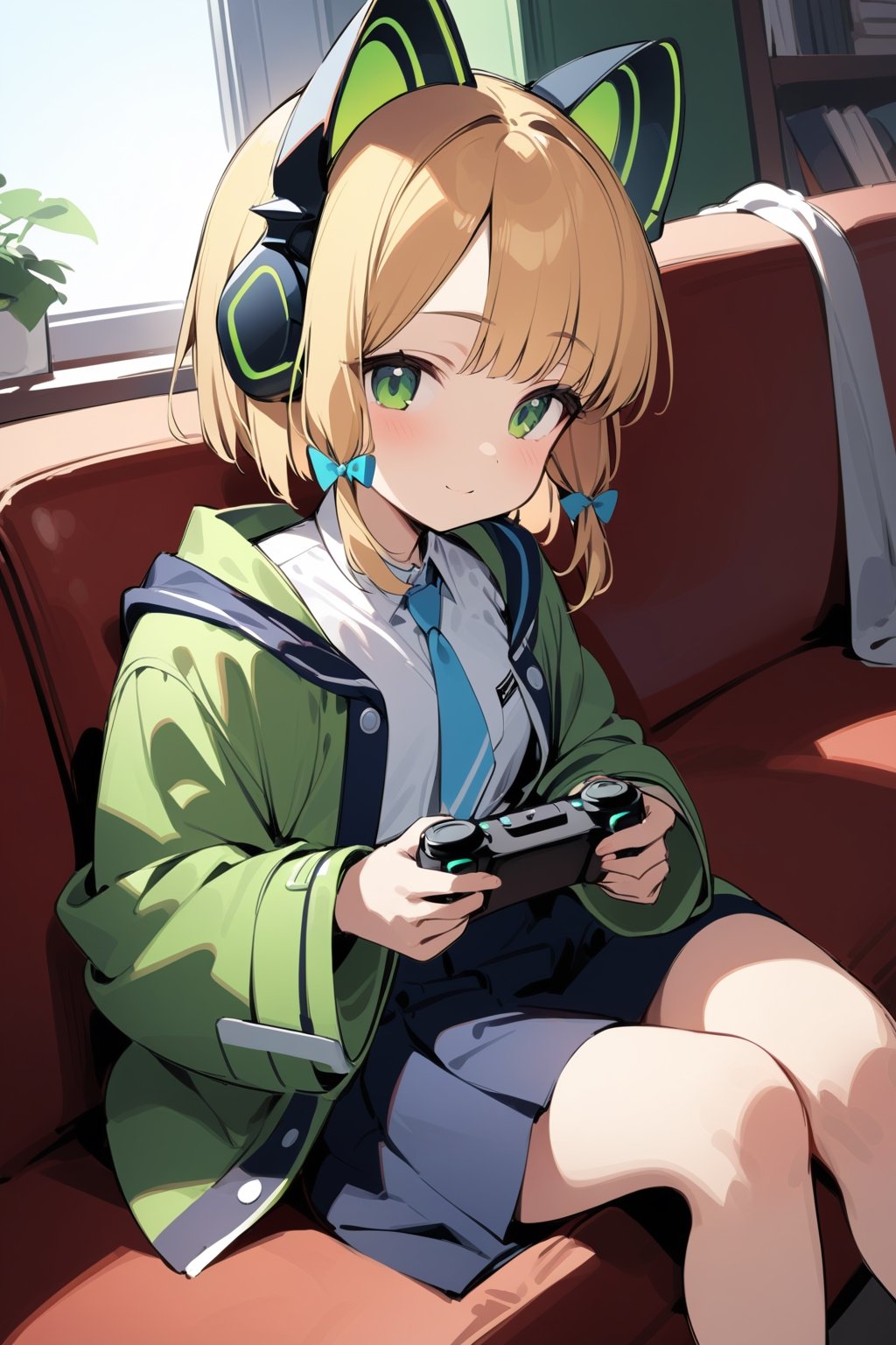 best quality, masterpiece, high_res, 1gir,midori \(blue archive\), blue archive, sitting, (green cat headset,white shirt,green coat, black shoes, blue skirt), (blond hair, short hair,green eyes,closed smiling mouth), (game controller, red sofa, blue door on background), (leaning on sofa, holding controller, butterfly sitting)