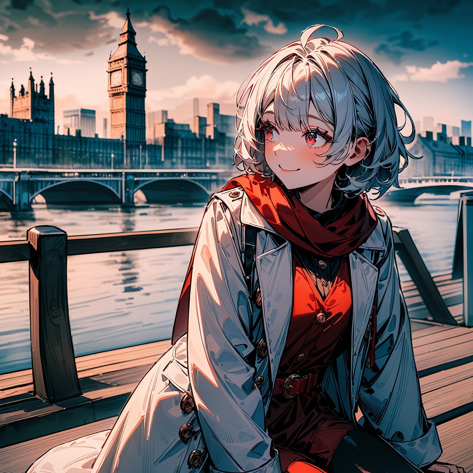 high_res,masterpiece,very aethetic,newest,masterpiece, absurdres,illustration,best_quality,1girl,(white hair,red eyes, short hair, shaggy cut, ),(red shirt,white coat,red belt,red scarf,),(sitting_on_bench,looking away,hands on ground,smiling),(London, riverside, cloudy,English)