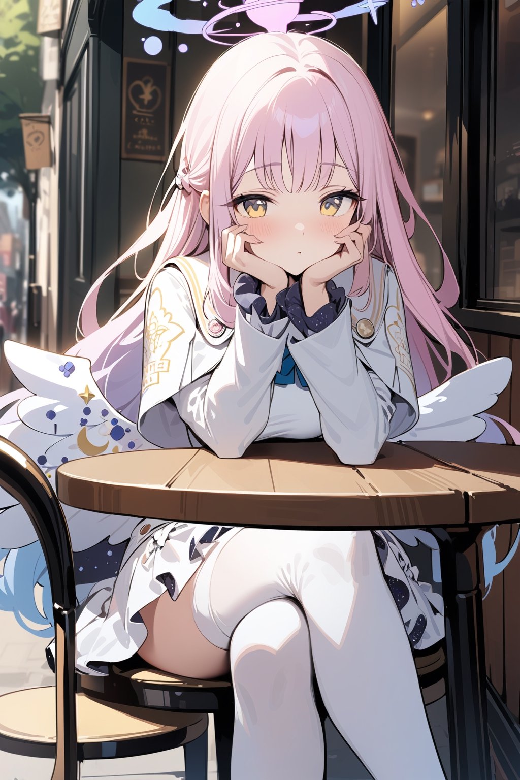 best quality, masterpiece, high_res, 1gir,mika \(blue archive\), blue archive, sitting, (white skirt,white coat, white shoes, white skirt, angel wings), (light pink hair, long hair,yellow eyes,matured girl), (tea cup,cafe, street, afternoon, ), (,hands on face, sitting on chair, crossed legs)