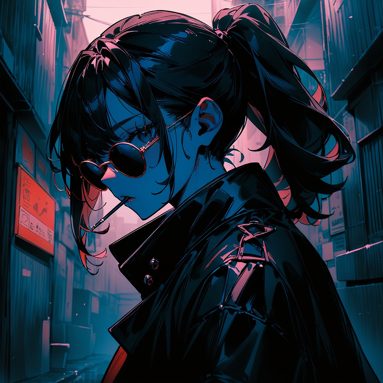 high_res,masterpiece,very aethetic,newest,masterpiece, absurdres,illustration,best_quality,portrait,vivid_colour,1girl,(black_hair,black eyes,ponytail,sunglasses,matured girl ),(black coat,coat on shoulder, black shirt,black chino pants, triad, ),(gazing viewer, smoking, slightly lowed sunglasses,),(city,backstreet,rainy)