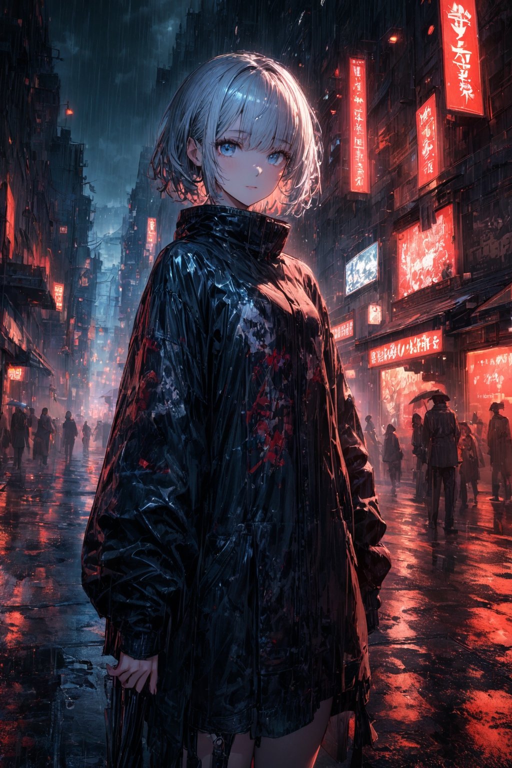 Official Art, Unity 8K, Extreme Detailed, Beautiful and Aesthetic, Masterpiece, Top Quality, perfect anatomy, a beautifully drawn,(((ink illustration))) depicting, integrating elements of calligraphy, BLACK and RED accents, oil painting, (best illustration), (best shadow), Analog Color Theme, vivid colours, contrast, smooth, sharp focus, scenery,

1girl, solo, short hair, looking at viewer, white hair,short hair, blue eyes, suit, folded umbrella, black theme, city,night,rain,fog,neon sign