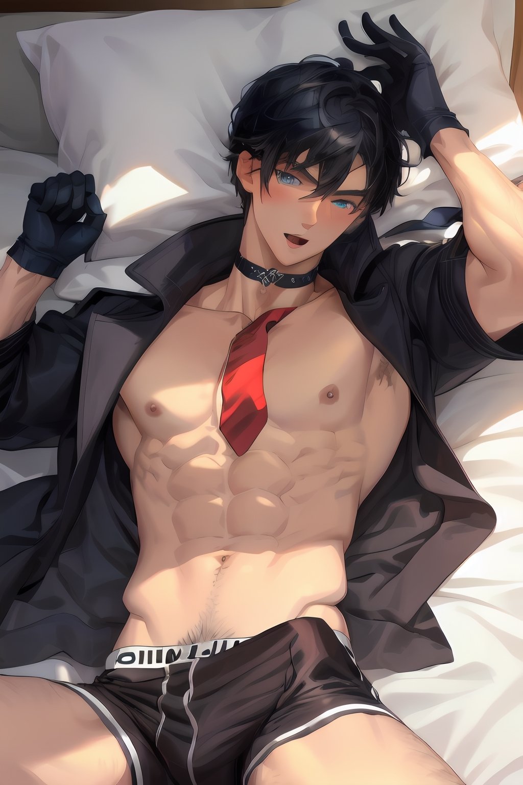 wriothesley, 1boy, black hair, short hair,blue eyes, upper body naked, nude body, red necktie, black gloves, choker, cape, he wears an unclosed black coat which shows his abs under, boots, black boxing briefs, abs exposed, masterpiece, dslr, ultra quality, 8K UHD, best body anatomy, highly detailed eyes, highly detailed face, (handsome face:1.23), blushing face, detailed background,  lying on his bed, leaning back, on the bed, both hands behind bead, open mouth, male climax, male bliss
