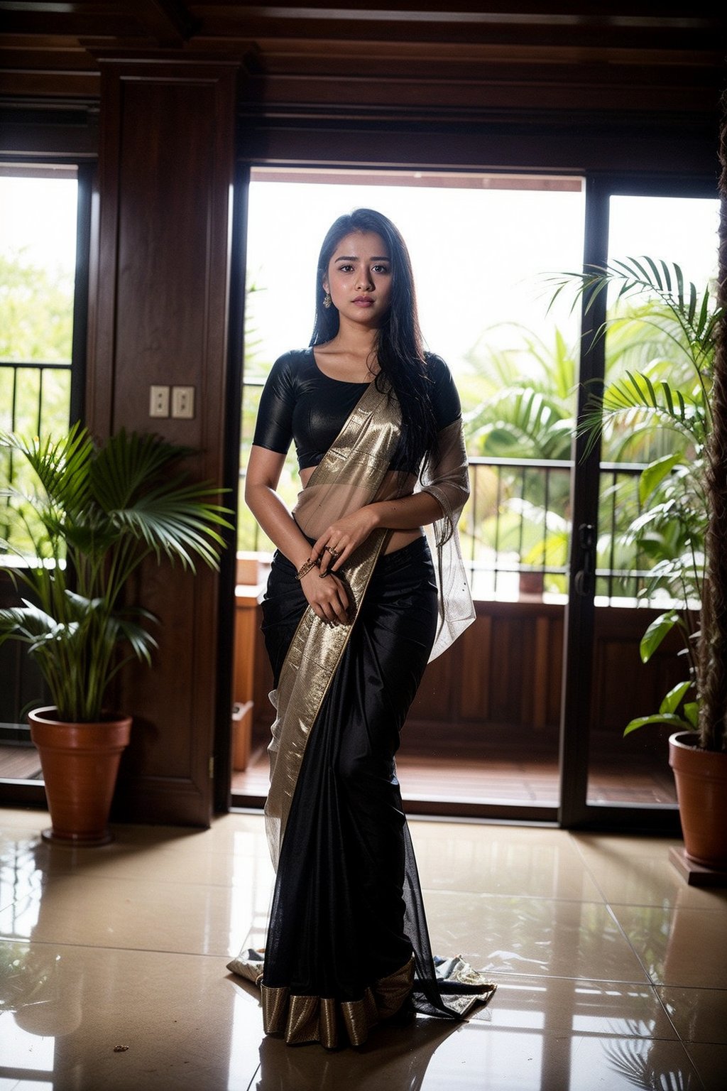 A 22-year-old beautiful girl with long black hair and medium breasts, wearing a wet saree , stands in the darkness of her luxurious house. The only source of light is a dim lamp inside, casting soft shadows around her wet body and clothes. She is standing in front of the balcony, surrounded by many flower plants."