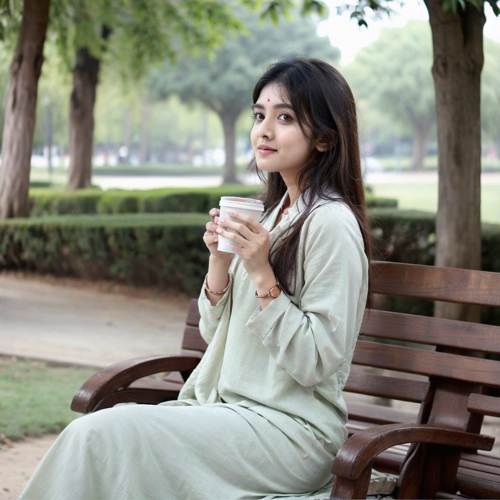 Indian girl 25year old salwar shirt.in park with coffee.