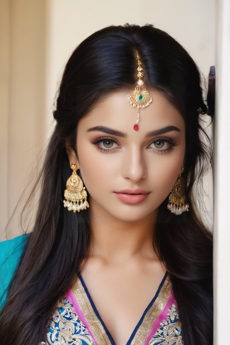 lovely cute young attractive indian girl, blue eyes, gorgeous actress, 23 years old, cute, long hair, black hair, Indian, wearing suit salwar, wearing bindi in forehead, ear rings,looking hot, pink colour lipstick.