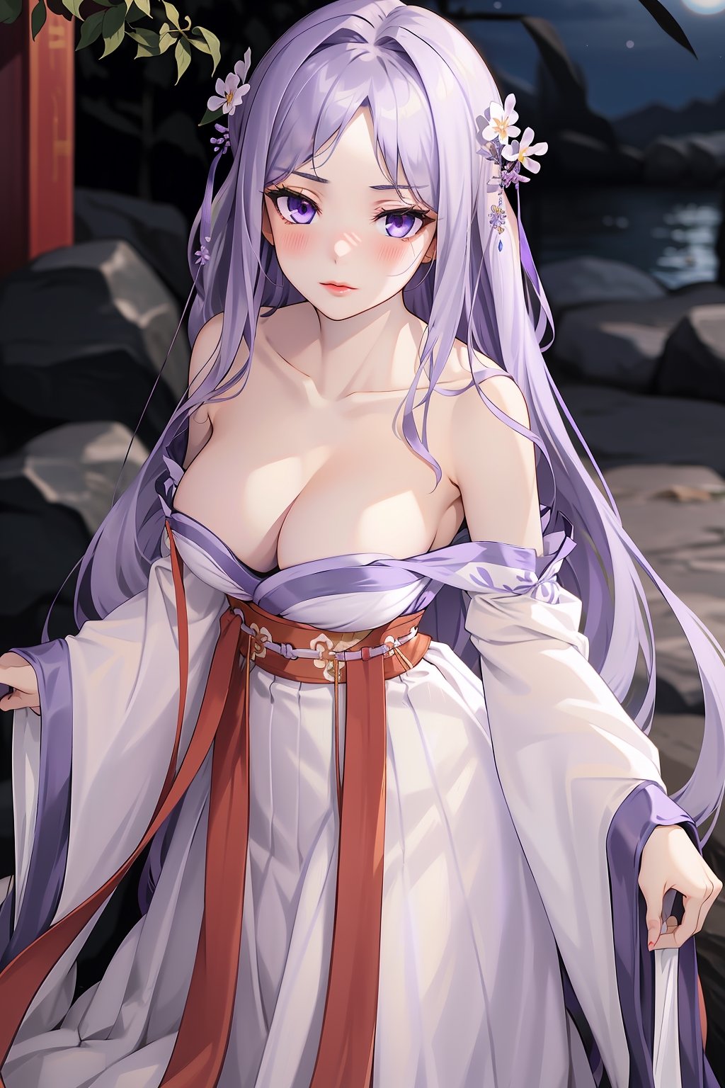 masterpiece, sharp focus, sharp contrast, absurdres, ultra quality, illustration, wallpaper, anime, beautiful and aesthetic, 1girl, solo, quinella, (17 years old, gorgeous teenage girl, aloof), radiant skin tone, full-length long hair, very long hair, straight hair, ((pale lavender-purple hair)), long hair blowing in the wind, side swept bangs, parted bangs, golden floral hair ornaments, gold hairpin, long hair over breasts, violet eyes, highly detailed eyes, red eye shadows, looking at camera, (blush), full lips, sexy plump lips, lower lip gloss, pink lips, ((hanfu, Chinese clothes)), pale lavender-purple hanfu, long tulle dress, 右衽,  hanfu waist ribbon belt, girdle ribbon, long pleated skirt, D cup, deep V cleavage, (bulging breasts), perfect breasts, (((pulled down dress, bare shoulders, strapless, collarbone))), armlet, small waist, voluptuous body, hour glass figure, wide sleeves, long sleeves, medium closeup shot, ((plain dark background, night scene)), best illumination, light rays illuminating her breasts with high intensity