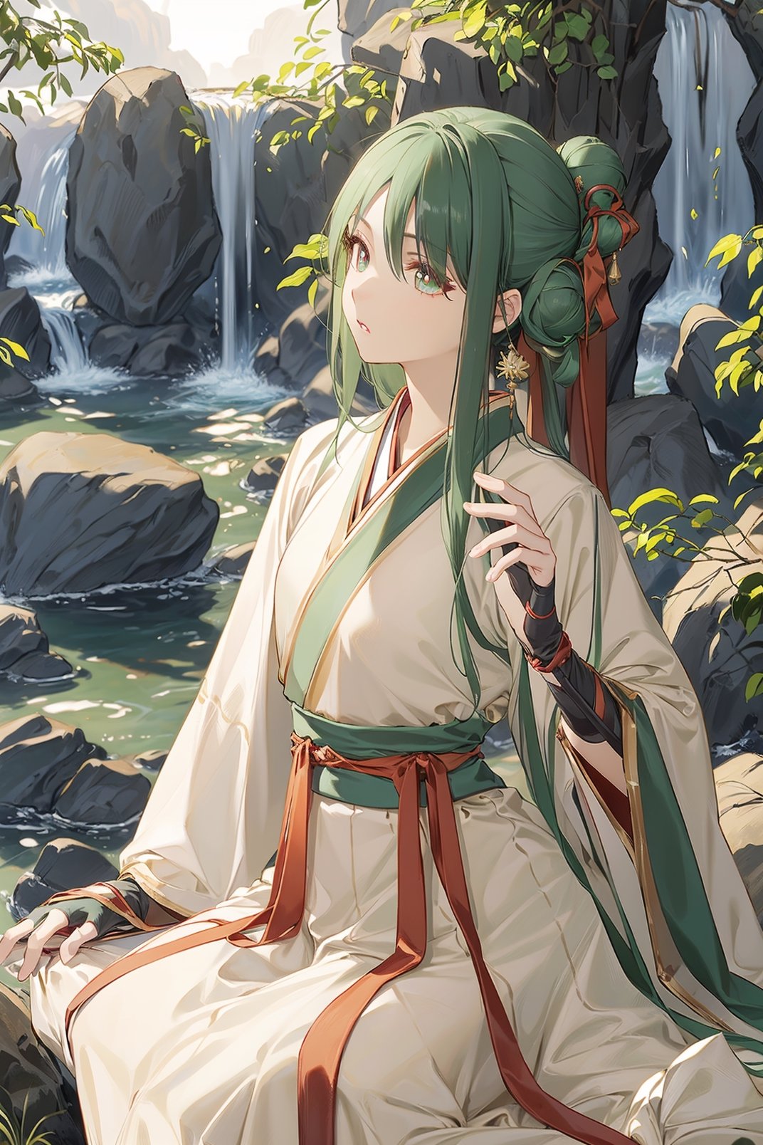 masterpiece, sharp focus, highres, sharp contrast, ultra quality 8k, wallpaper, 1girl, solo, cute girl, 15 years old, black hair, bob hair, bangs, hair tied up in a bun on both sides, hair ribbon, black pupils, round eyes, single eyelid, thin eyeliner, soft glaze, full lips, detailed lips, kimono, Weijin style hanfu, long dress, beige colour hanfu, soft silky fabrics, skirt with red and green alternating vertical colour pattern, Chinese long skirt, flat chest, small breasts, radiant skin tone, small waist, slim body,  hanfu girdle, girdle ribbon bow knot, girdle ribbon ornament, girl sitting in kneel-down position, wide sleeves, long sleeves, green silk garments, perfect fingers, fingerless gloves, black wrist guard, ambient lighting, zen garden and waterfall in the background, anime

