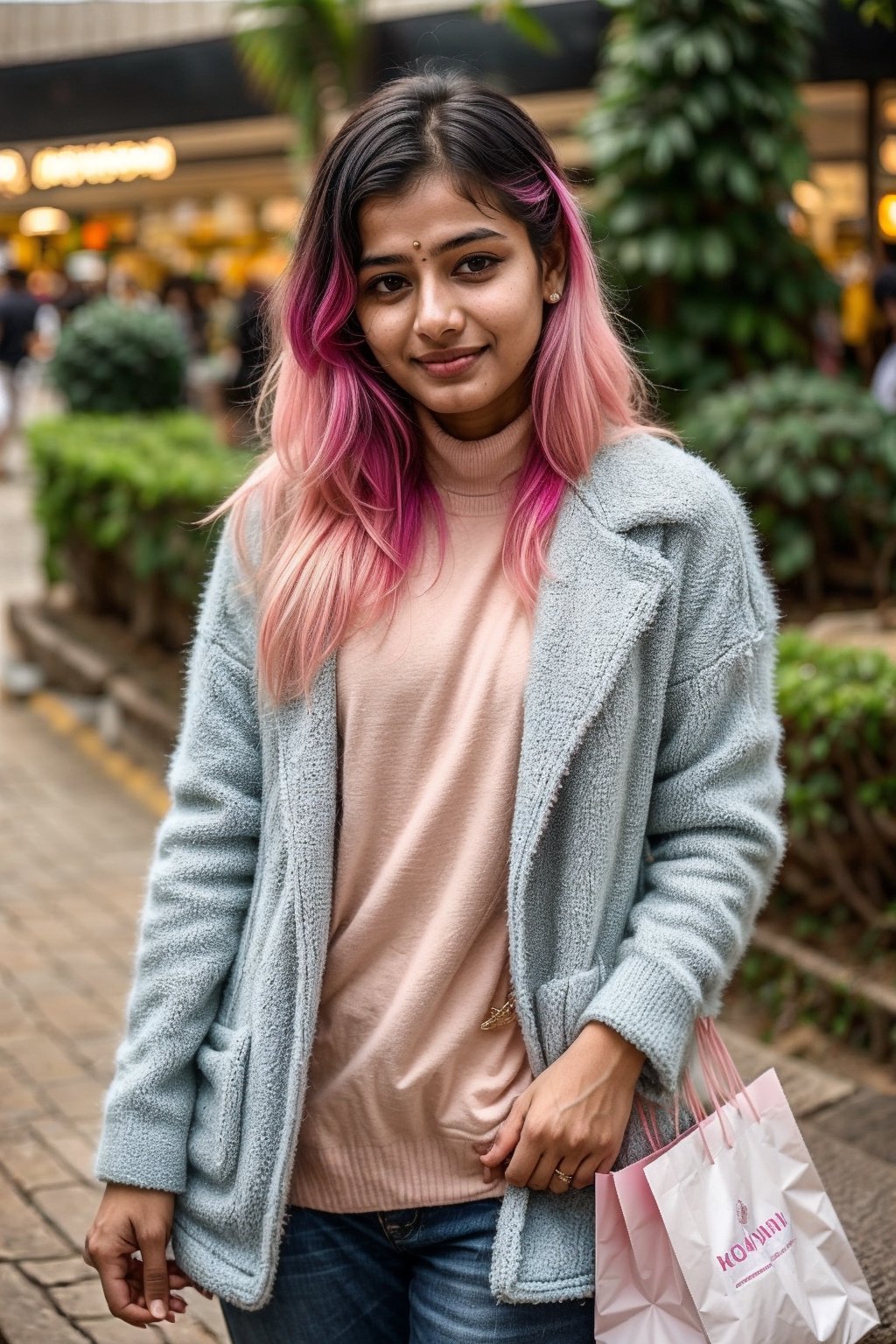 beautiful cute young attractive indian teenage girl, village girl, 18 years old,bunny blue woolen jacket, long pink_hair, colorful hair, warm, dacing, at shopping mall 