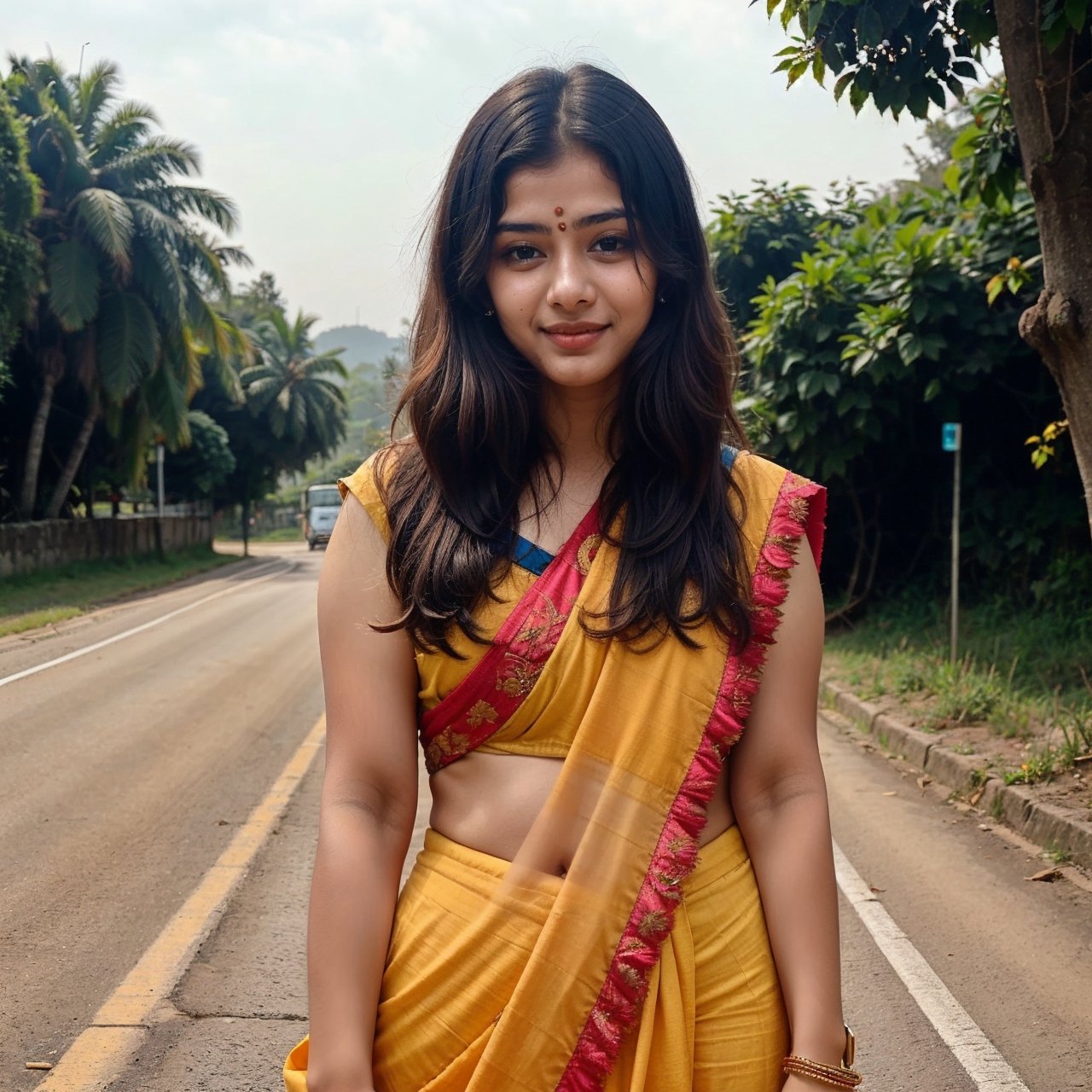 
beautiful cute young attractive indian teenage girl, village girl, 18 years old, cute, Instagram model, long black_hair, colorful hair, warm, dacing, in road , indian