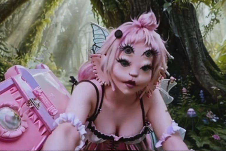 She is coming out of a pink box in the world,split hair with pink on the left and black on the right, Alice's Wonderland forest, a woman, dress, pov_eye_contact, fairy, colorful, sun set, video clip, mad hatter melanie martinez video clip mv