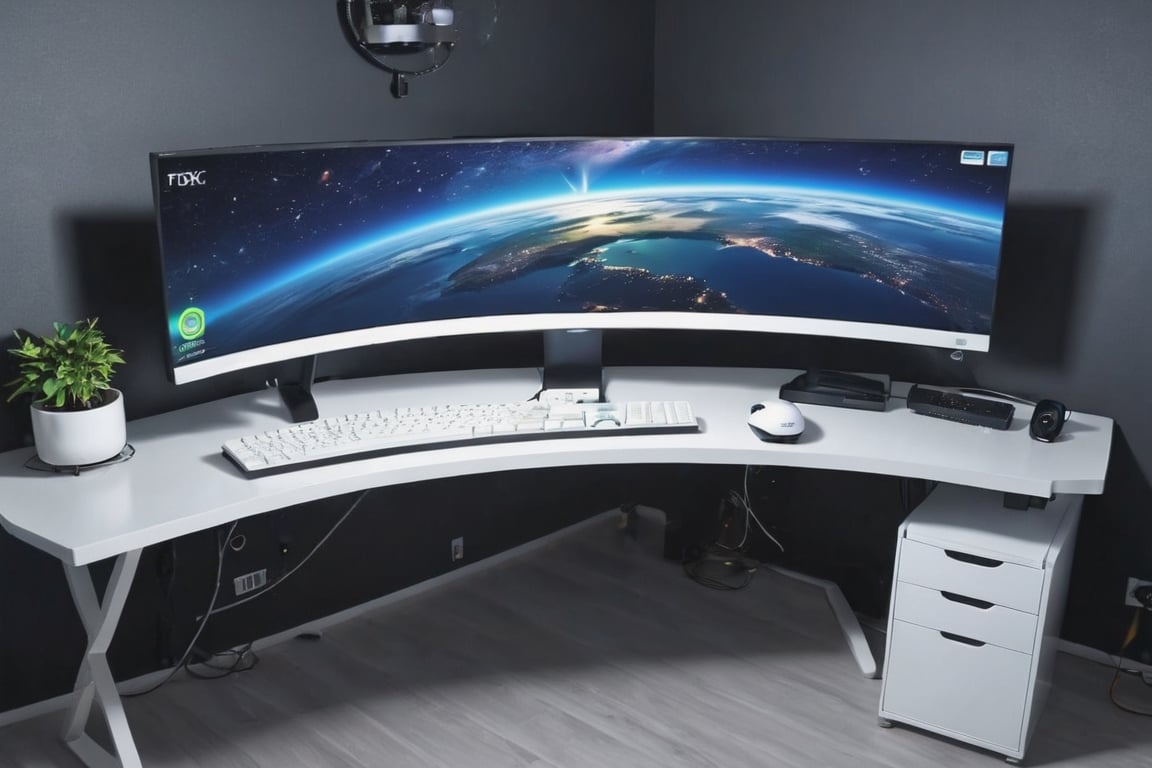 (no humans), Computer Case,(color fan),(white appearance),ocean,starry_sky,star_trail,horizon,lengthy long Curved monitor and a lightning keyboard and mouse, on a black table of a gamers rooms on wall ps4 🎮controllers many types, realistic, samsung odyssey g9 black Monitor , Computer Case,white appearance,color fan , CPU and on monitor screen there should be trading, Candlelistic pattern 