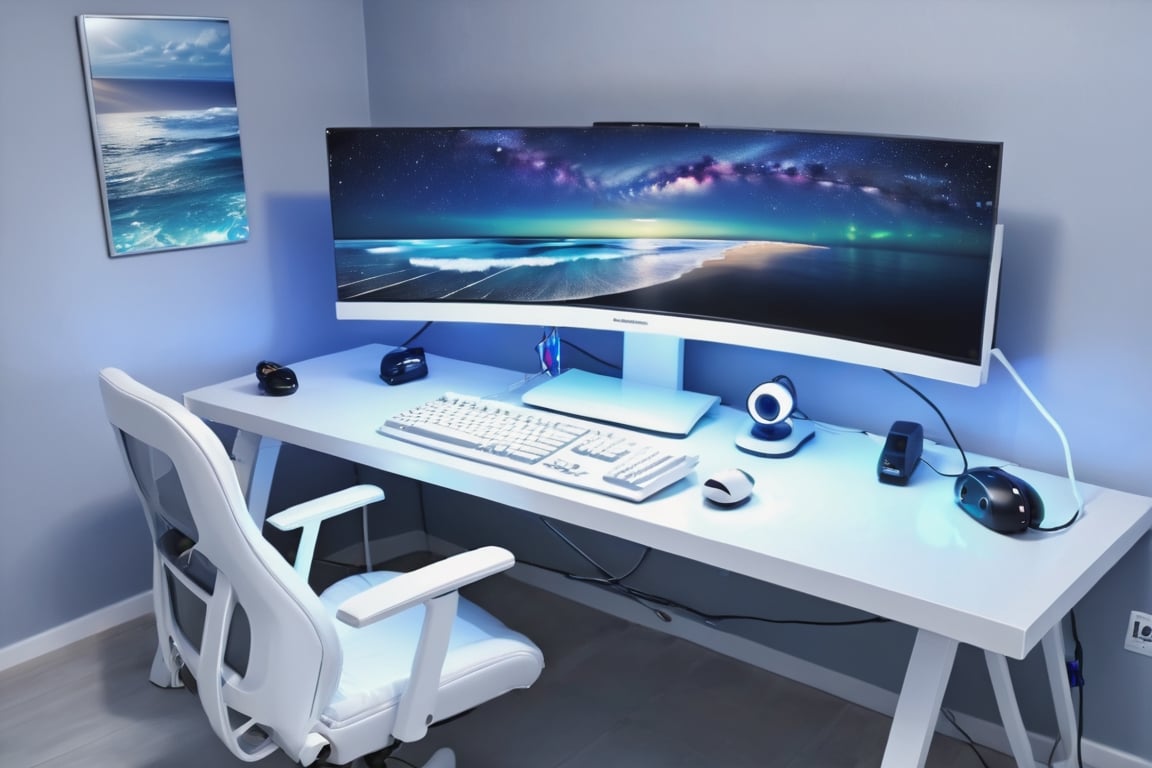 (no humans), Computer Case,(color fan),(white appearance),ocean,starry_sky,star_trail,horizon,lengthy long Curved monitor and a lightning keyboard and mouse, on a table of a gamers rooms on wall ps4 🎮remotes manu types, realistic, samsung odyssey g9 Monitor and a pc with glass having  