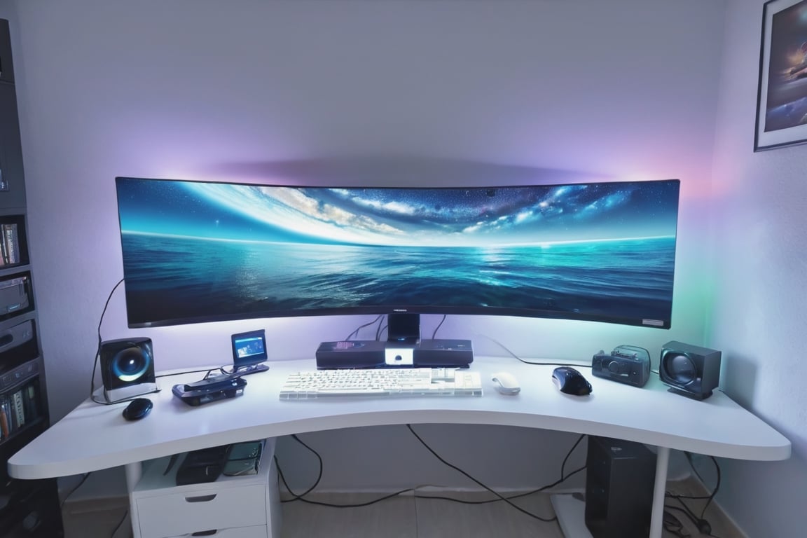 (no humans), Computer Case,(color fan),(white appearance),ocean,starry_sky,star_trail,horizon,lengthy long Curved monitor and a lightning keyboard and mouse, on a table of a gamers rooms on wall ps4 🎮remotes manu types, realistic, samsung odyssey g9 Monitor and a CPU with glass having lights and ascthetic 