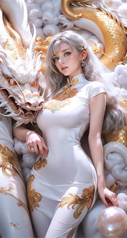 unparalleled masterpiece, perfect artwork, 8k, Ultra realistically, by Alphonse Mucha, art nouveau, 
(long cheongsam:1) , (pearl dress:1.4), (tight dress:1.2), gold leaf covered, dragonbaby, (chinese dragon:1.3), Gorgeous, (huge breasts :1.2), legs,
extremely detailed, (bangs:1.4), look at viewer,
long hair,  (white hair:1.3), mature female,  (smile:0.8), white skin, skinny,  moles, earrings, China, flowers, floral patterns, color pattern, sunlight, cloud, luxury, twine, ocean, wedding,