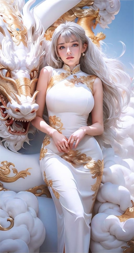unparalleled masterpiece, perfect artwork, 8k, Ultra realistically, by Alphonse Mucha, art nouveau, 
(long cheongsam:1) , (pearl dress:1.4), (tight dress:1.2), gold leaf covered, dragonbaby, (chinese dragon:1.3), Gorgeous, (huge breasts :1.2), legs,
extremely detailed, (bangs:1.4), look at viewer,
long hair,  (white hair:1.3), mature female,  (smile:0.8), white skin, skinny,  moles, earrings, China, flowers, floral patterns, color pattern, sunlight, cloud, luxury, twine, ocean, wedding,