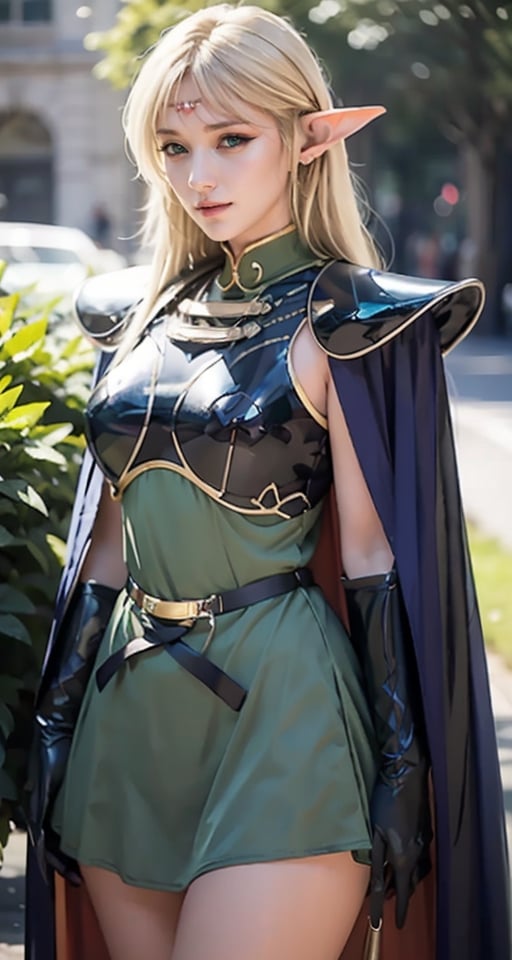 photograph, 8k, Ultra realistic,
pointy ears, blonde hair, long hair, elf, circlet, green eyes, long pointy ears, very long hair, breasts, medium breasts, earrings, lips, makeup, bangs, slender eyes,
cape, armor, blue cape, shoulder armor, pauldrons, gloves, breastplate, belt, green dress, short dress,
ANI_CLASSIC_deedlit_ownwaifu,