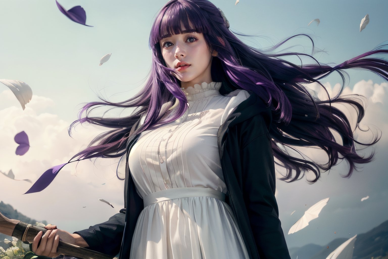 photograph, 8k, Ultra realistic, (holding:1.3), (staff:1.3), 
(dark_purple hair:1.3), (large breasts:1), long hair, purple eyes, very long hair, lips, makeup, (blunt bangs), straight hair, mature female, (skinny:1), 
blush, 
long dress, white dress, black robe, long skirt, long sleeves, boots,
outdoor, (full body:1.6), flying, (body floating:1.5),
flower, petals,
mountain, sea, 
extremely detailed, Bright_Front_face_Lighting,shiny skin, (masterpiece:1.0),(best_quality:1.0), ultra high res,4K,ultra-detailed, photography, 8K, HDR, highres, (absurdres:1.2), Kodak portra 400, film grain, lens flare, (vibrant_color:1.2),professional photograph, (beautiful_face:1.5),