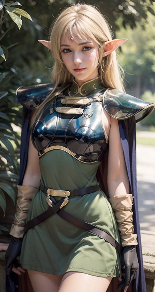 photograph, 8k, Ultra realistic,
pointy ears, blonde hair, long hair, elf, circlet, green eyes, long pointy ears, very long hair, breasts, medium breasts, earrings, lips, makeup, bangs, slender eyes, straight hair,
smile,
cape, armor, blue cape, shoulder armor, pauldrons, gloves, breastplate, belt, green dress, short dress,
ANI_CLASSIC_deedlit_ownwaifu, www.ownwaifu.com,