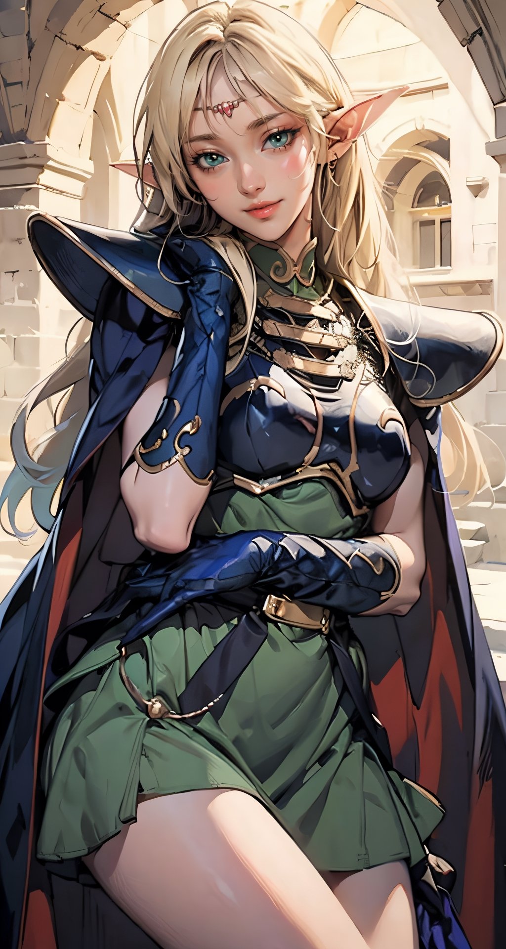 photograph, 8k, Ultra realistic,
pointy ears, blonde hair, long hair, elf, circlet, green eyes, long pointy ears, very long hair, breasts, medium breasts, earrings, lips, makeup, bangs, slender eyes, straight hair,
smile,
cape, armor, blue cape, shoulder armor, pauldrons, gloves, breastplate, belt, green dress, short dress,
ANI_CLASSIC_deedlit_ownwaifu, www.ownwaifu.com,