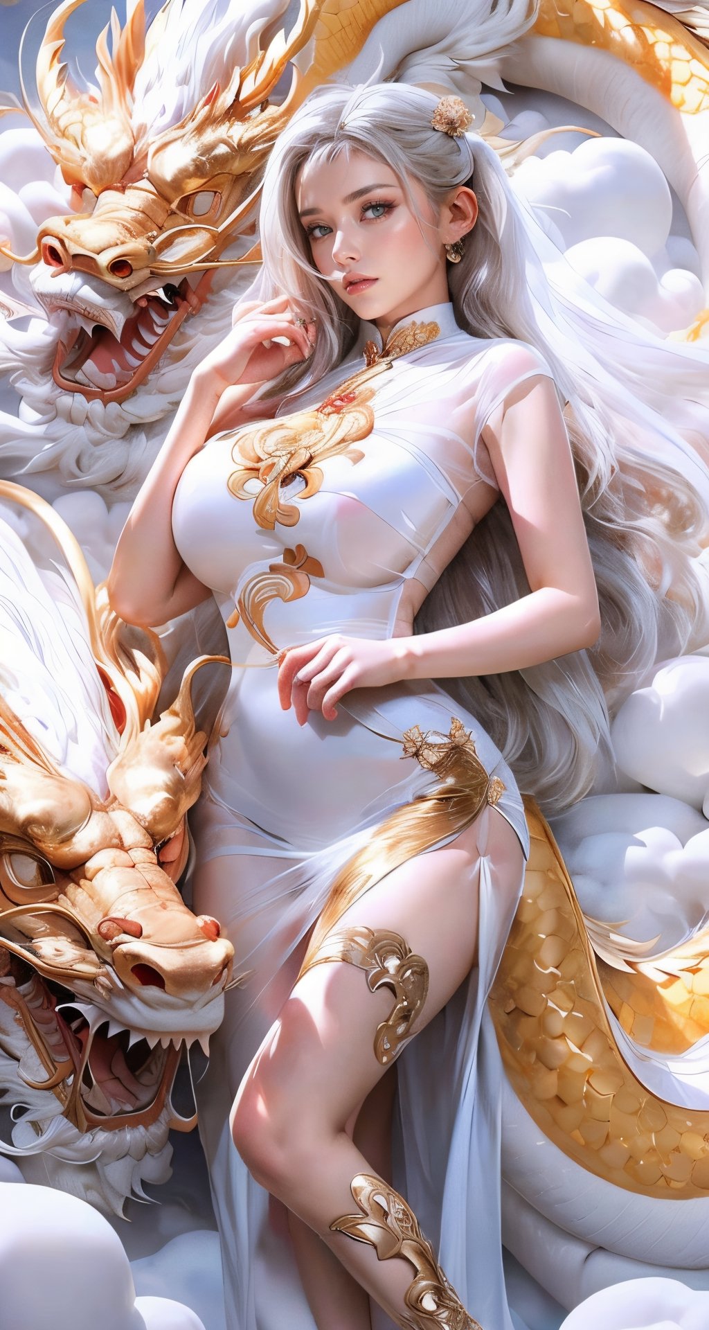 unparalleled masterpiece, perfect artwork, 8k, Ultra realistically, by Alphonse Mucha, art nouveau, 
(long cheongsam:1) , (transparent dress:1.4), (thin:1.3)(tight dress:1.3), gold leaf covered, dragonbaby, (chinese dragon:1.3), Gorgeous, (huge breasts :1.2), legs, laying on the dragon, 
extremely detailed, (bangs:1.4), look at viewer,
long hair,  (white hair:1.3), mature female,  (smile:0.8), white skin, skinny,  moles, earrings, China, flowers, floral patterns, color pattern, sunlight, cloud, luxury, twine, ocean, wedding,