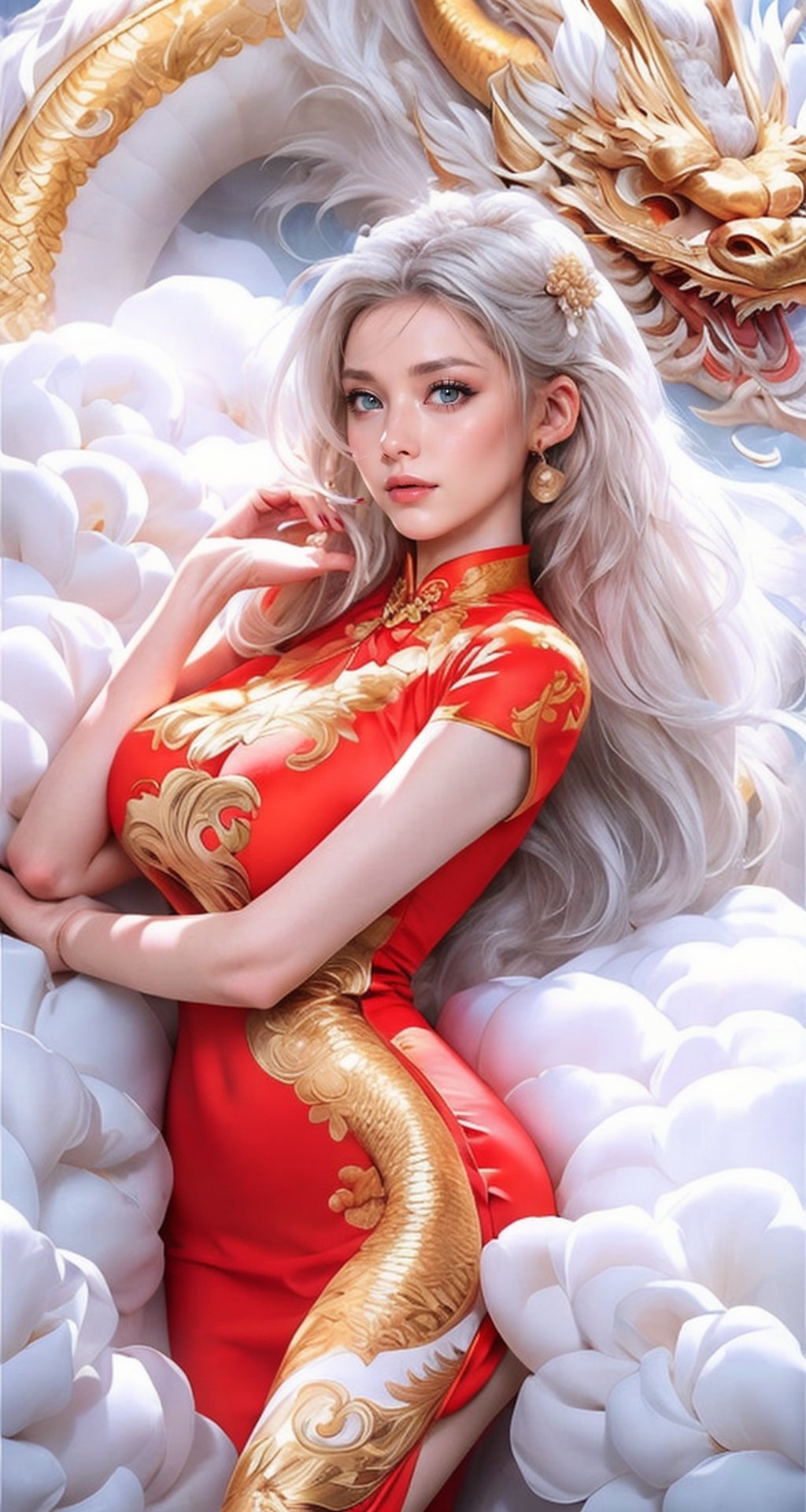 unparalleled masterpiece, perfect artwork, 8k, Ultra realistically, by Alphonse Mucha, art nouveau, 
(long cheongsam:1) , (red dress:1.4), (tight dress:1.2), gold leaf covered, dragonbaby, (chinese dragon:1.3), Gorgeous, (huge breasts :1.2), legs, laying on the dragon, 
extremely detailed, (bangs:1.4), look at viewer,
long hair,  (white hair:1.3), mature female,  (smile:0.8), white skin, skinny,  moles, earrings, China, flowers, floral patterns, color pattern, sunlight, cloud, luxury, twine, ocean, wedding,