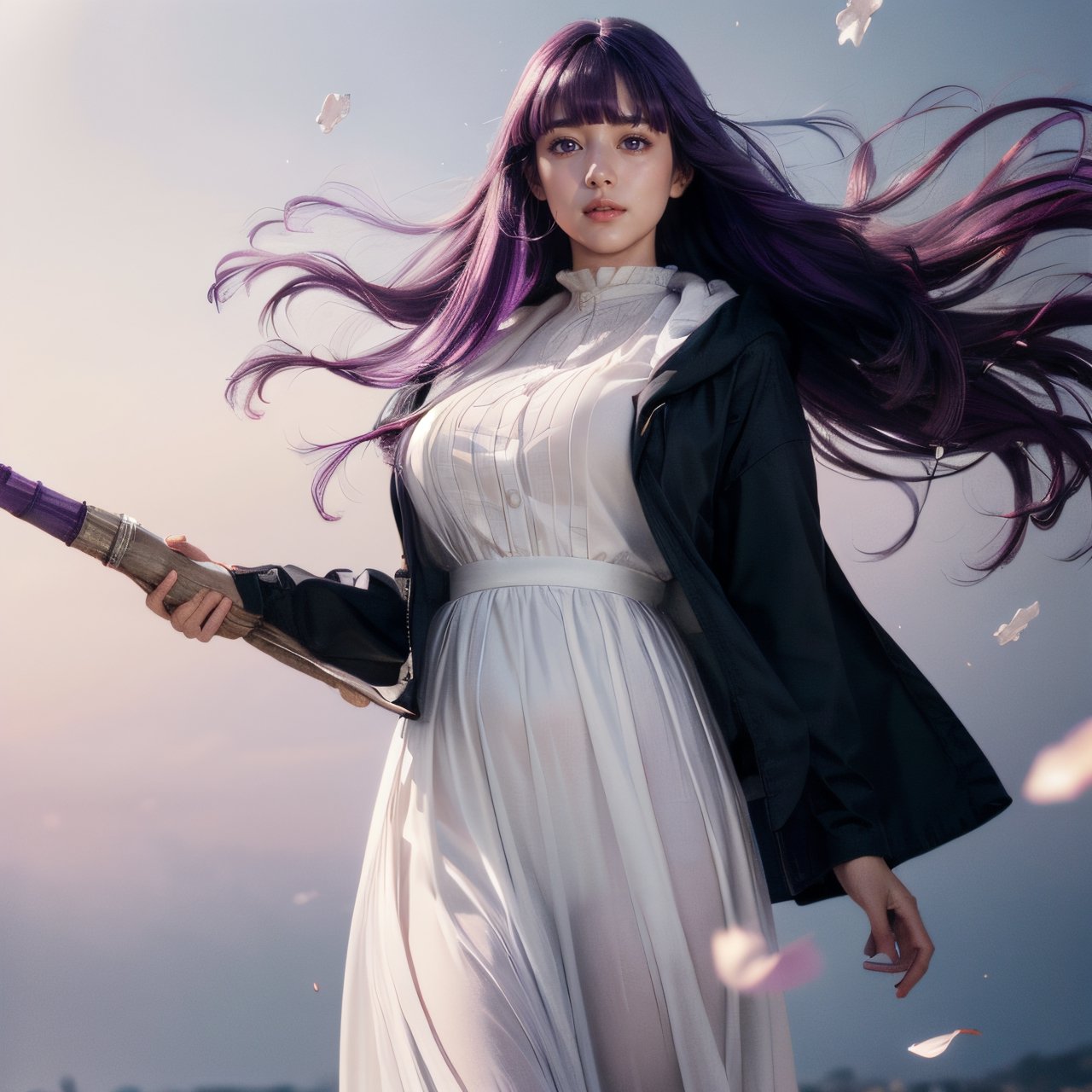 photograph, 8k, Ultra realistic, (holding:1.5), (long staff:1.6),
(dark_purple hair:1.3), (large breasts:1), long hair, purple eyes, very long hair, lips, makeup, (blunt bangs), straight hair, mature female, (skinny:1), 
blush, 
long dress, white dress, black robe, long skirt, long sleeves,
outdoor, (full body:1.4), flying, (body floating:1.5),
flower, petals,

extremely detailed, Bright_Front_face_Lighting,shiny skin, (masterpiece:1.0),(best_quality:1.0), ultra high res,4K,ultra-detailed, photography, 8K, HDR, highres, (absurdres:1.2), Kodak portra 400, film grain, lens flare, (vibrant_color:1.2),professional photograph, (beautiful_face:1.5),