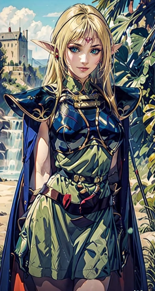 photograph, 8k, Ultra realistic,
pointy ears, blonde hair, long hair, elf, circlet, green eyes, long pointy ears, very long hair, breasts, medium breasts, earrings, lips, makeup, bangs, slender eyes, straight hair,
smile,
cape, armor, blue cape, shoulder armor, pauldrons, gloves, breastplate, belt, green dress, short dress,
ANI_CLASSIC_deedlit_ownwaifu, www.ownwaifu.com,